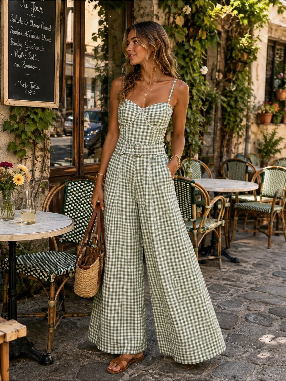 Free People Green Gingham Wide Leg Jumpsuit